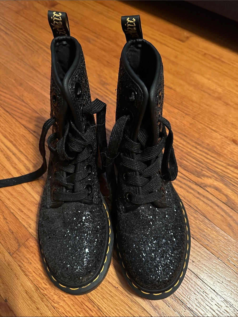 Dr. Martens Black Glitter Lace-Up Boots with Yellow Stitching